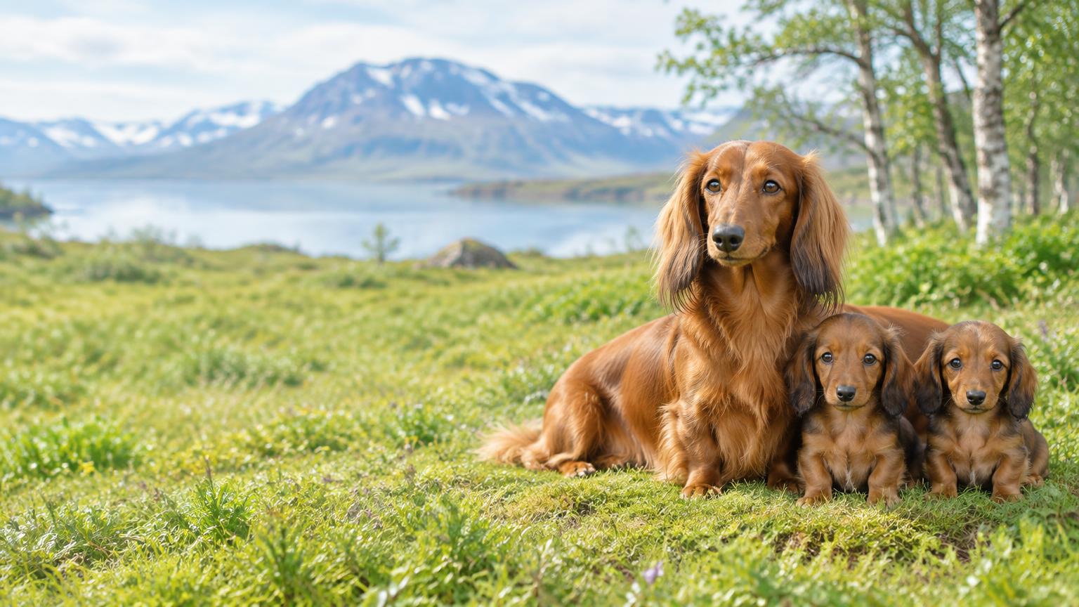 Síðhærður dachshund með tvo hvolpa í íslenskri náttúru